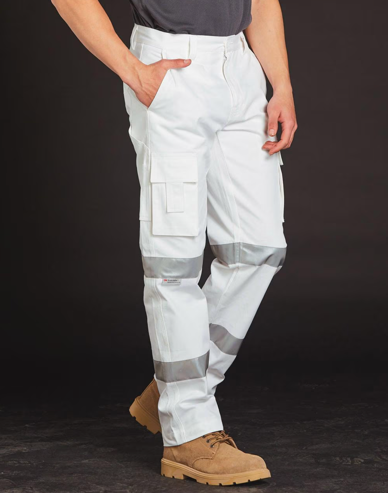 WP18HV Mens White Safety Pants With Biomotion Tape Configuration