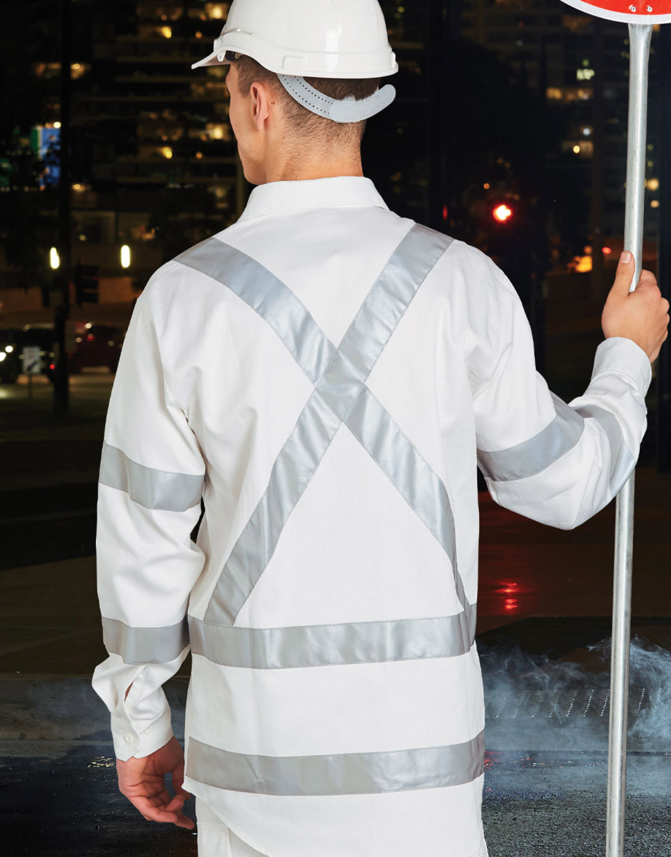 WT09HV Mens White Safety Shirt with X Back Biomotion Tape Configuration